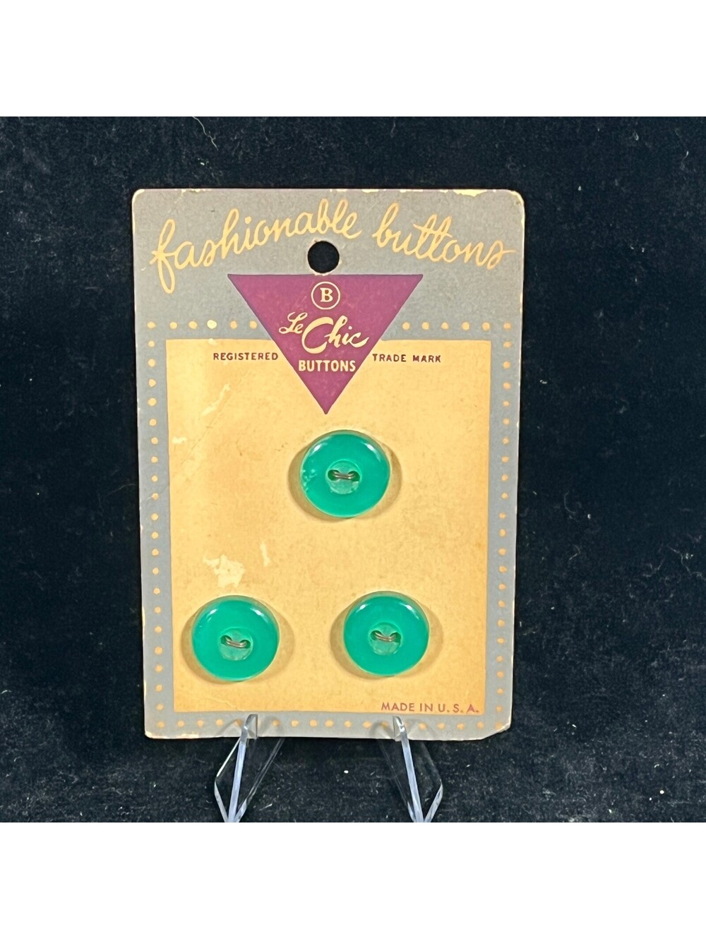 Le Chic Fashionable Buttons Set of 3 Vintage Green Buttons Made in USA